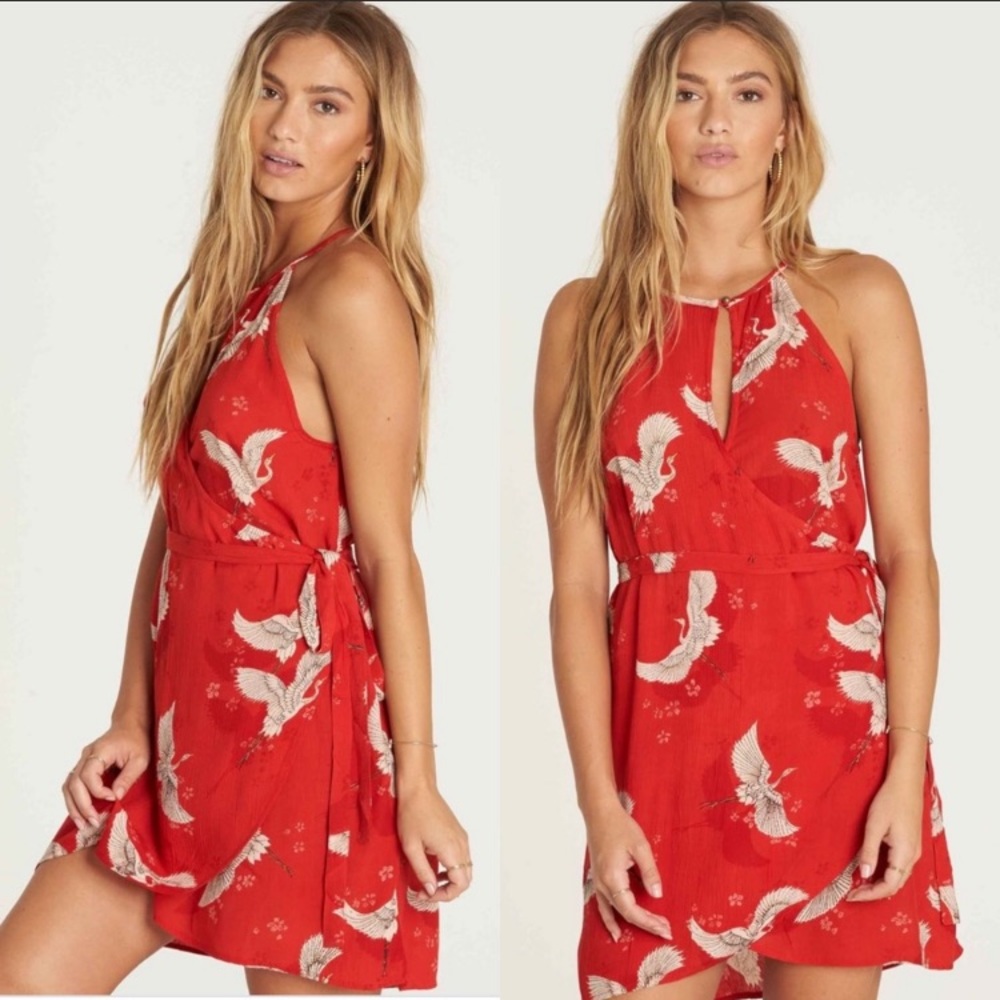 HP Billabong aloha baby red wrap dress bird print